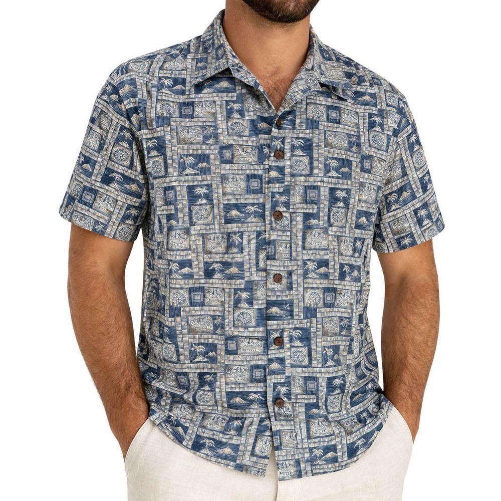 Cooke Street Hawaiian Aloha Shirt XL Tribal Huts Palm Trees‎ Collage Blue Brown